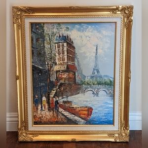 20th Century Oil Painting of The Left Bank in Paris by unknown local artist.